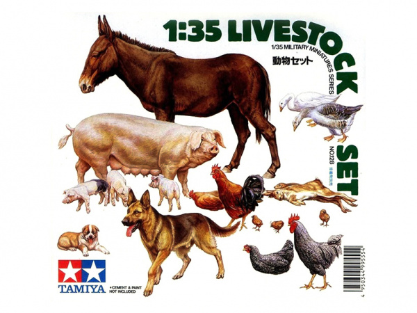 35128 Tamiya Фигурки животных (гуси, куры, свиньи, собака, осел и кролики) 18 фигур (1:35)